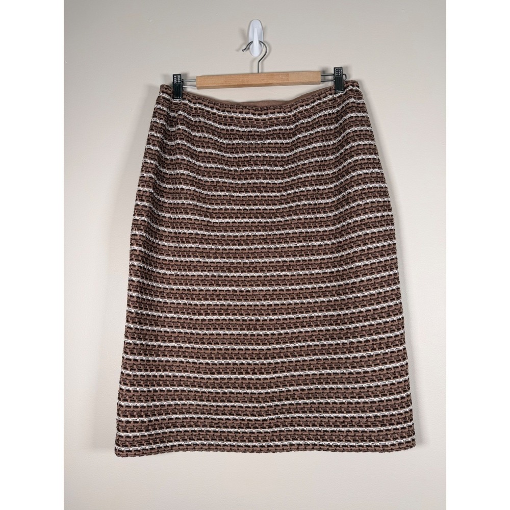 Ming Wang Women Brown Striped Knit Pencil Skirt Size Large Textured Midi Elastic - Picture 5 of 9